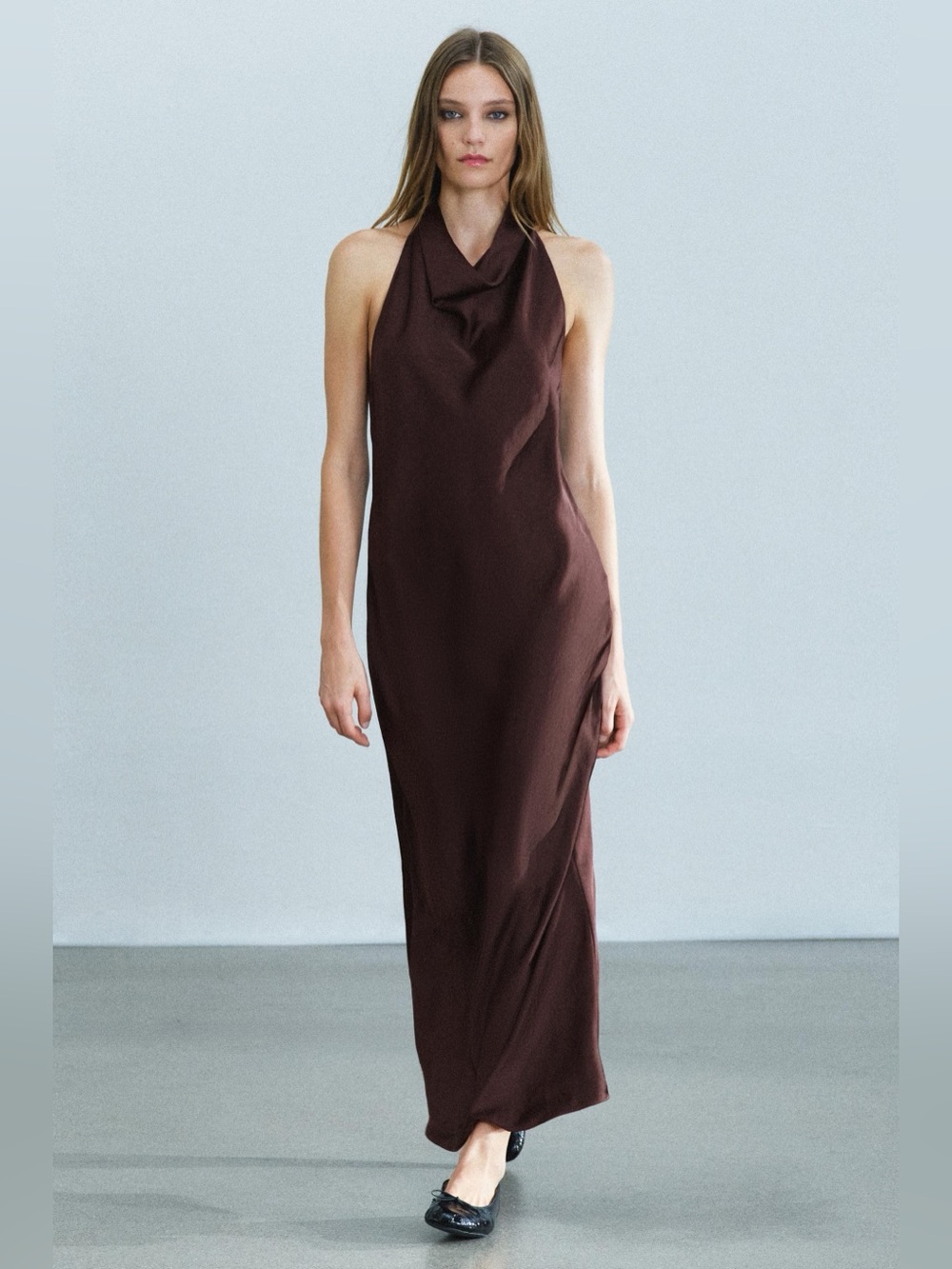 Zara Women Collection Halter Satin Dark Plum Burgundy Backless Midi Dress